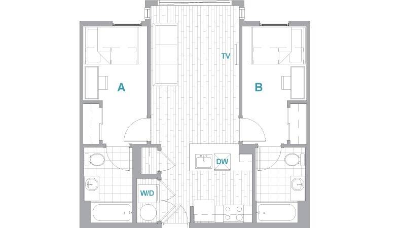 A 3D image of the 2BR/2BA Terrace floorplan, a 730 squarefoot, 2 bed / 2 bath unit