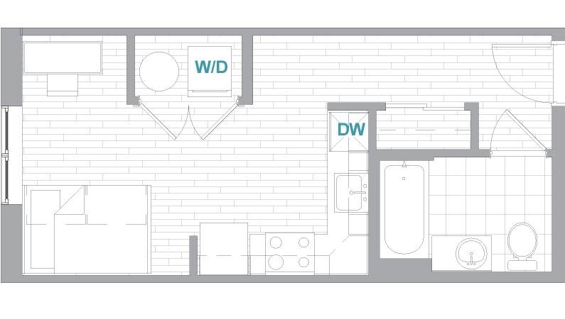 A 3D image of the Studio Aerial floorplan, a 364 squarefoot, 0 bed / 1 bath unit