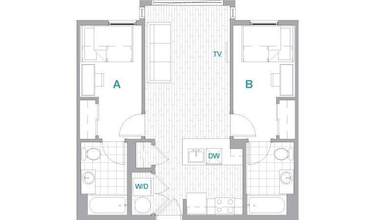 A 3D image of the 2BR/2BA Premium floorplan, a 730 squarefoot, 2 bed / 2 bath unit