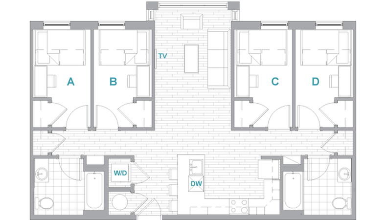 A 3D image of the 4BR/2BA Aerial floorplan, a 1077 squarefoot, 4 bed / 2 bath unit