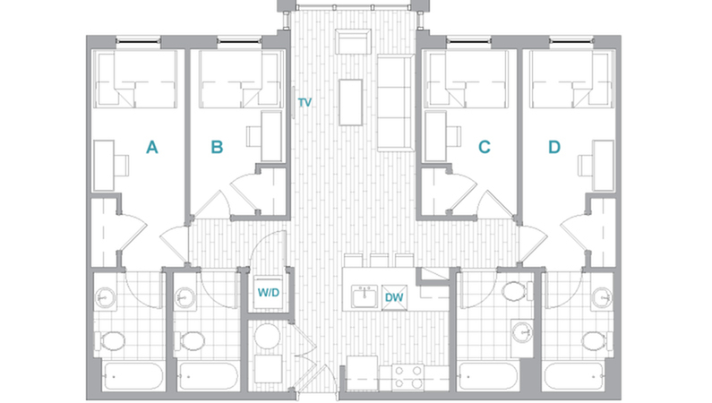 A 3D image of the 4BR/4BA Aerial floorplan, a 1370 squarefoot, 4 bed / 4 bath unit