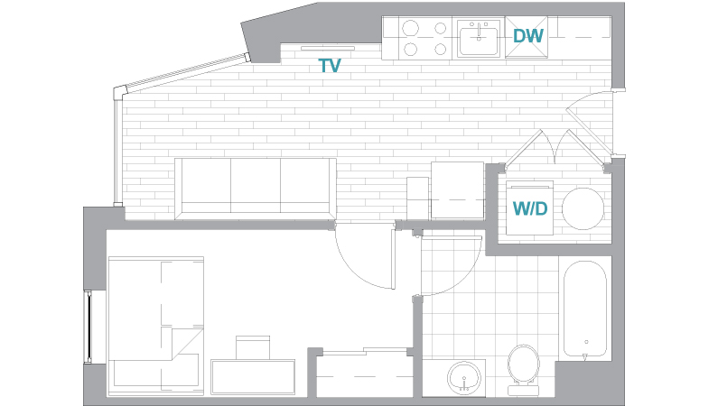 A 3D image of the 1BR/1BA Aerial floorplan, a 444 squarefoot, 1 bed / 1 bath unit