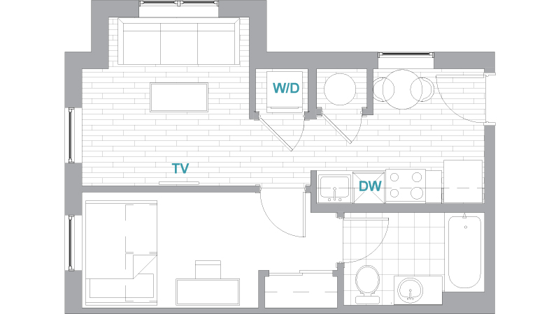 A 3D image of the 1BR/1BA Terrace floorplan, a 444 squarefoot, 1 bed / 1 bath unit