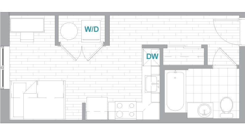 A 3D image of the Studio Terrace floorplan, a 364 squarefoot, 0 bed / 1 bath unit