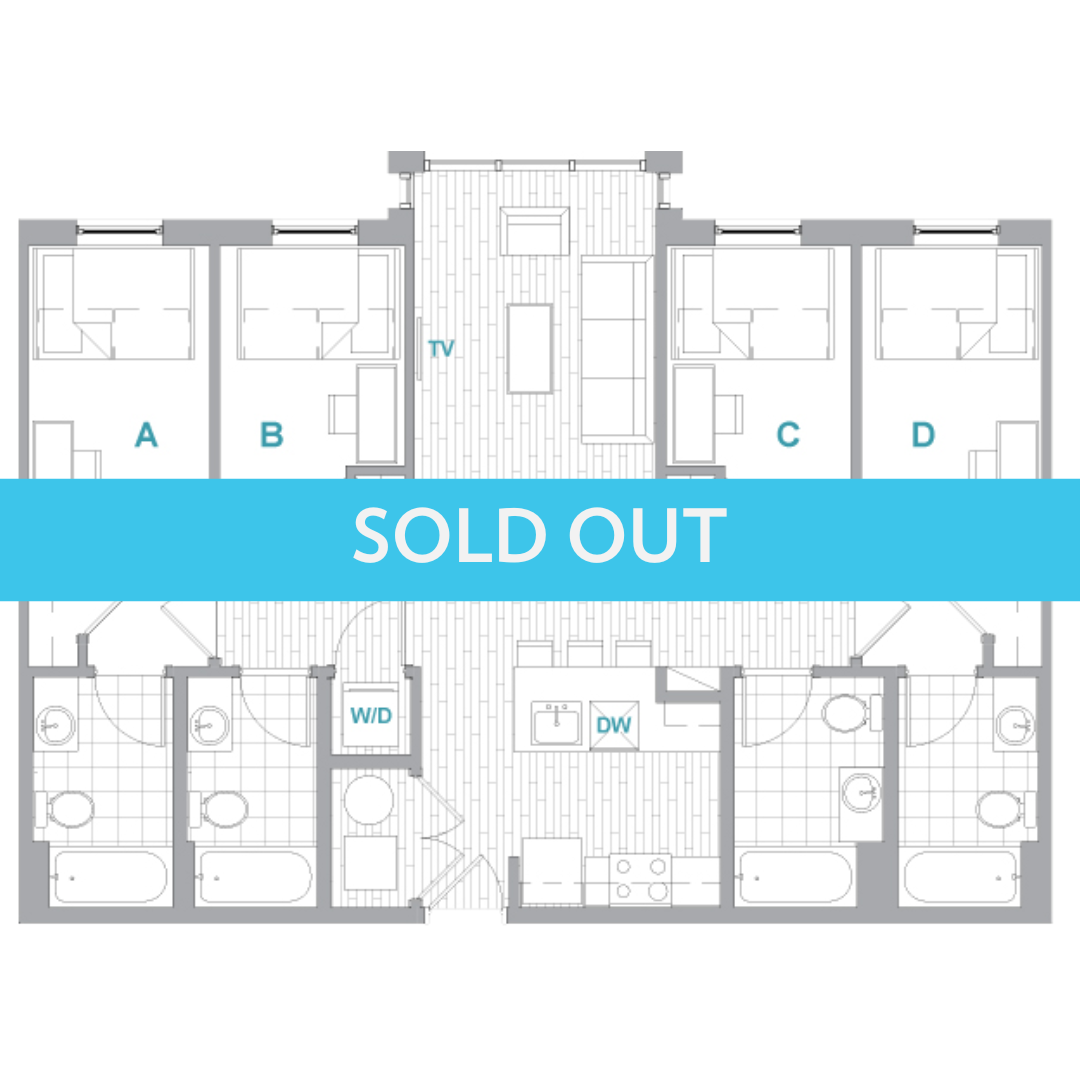 A 3D image of the 4BR/4BA Aerial floorplan, a 1370 squarefoot, 4 bed / 4 bath unit