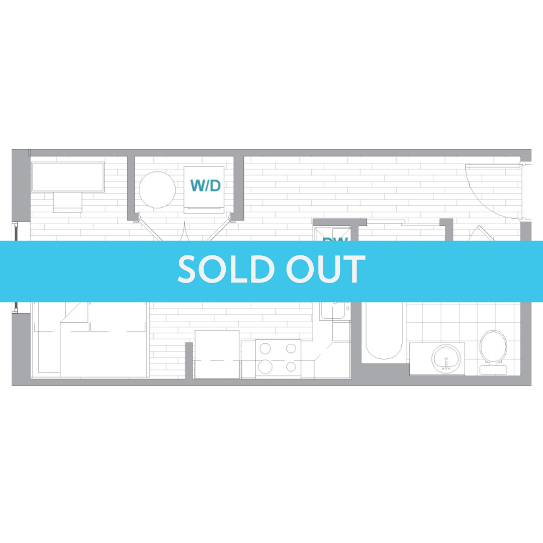 A 3D image of the Studio Aerial floorplan, a 364 squarefoot, 0 bed / 1 bath unit