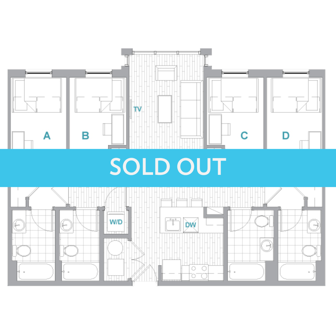 A 3D image of the 4BR/4BA Terrace floorplan, a 1370 squarefoot, 4 bed / 4 bath unit