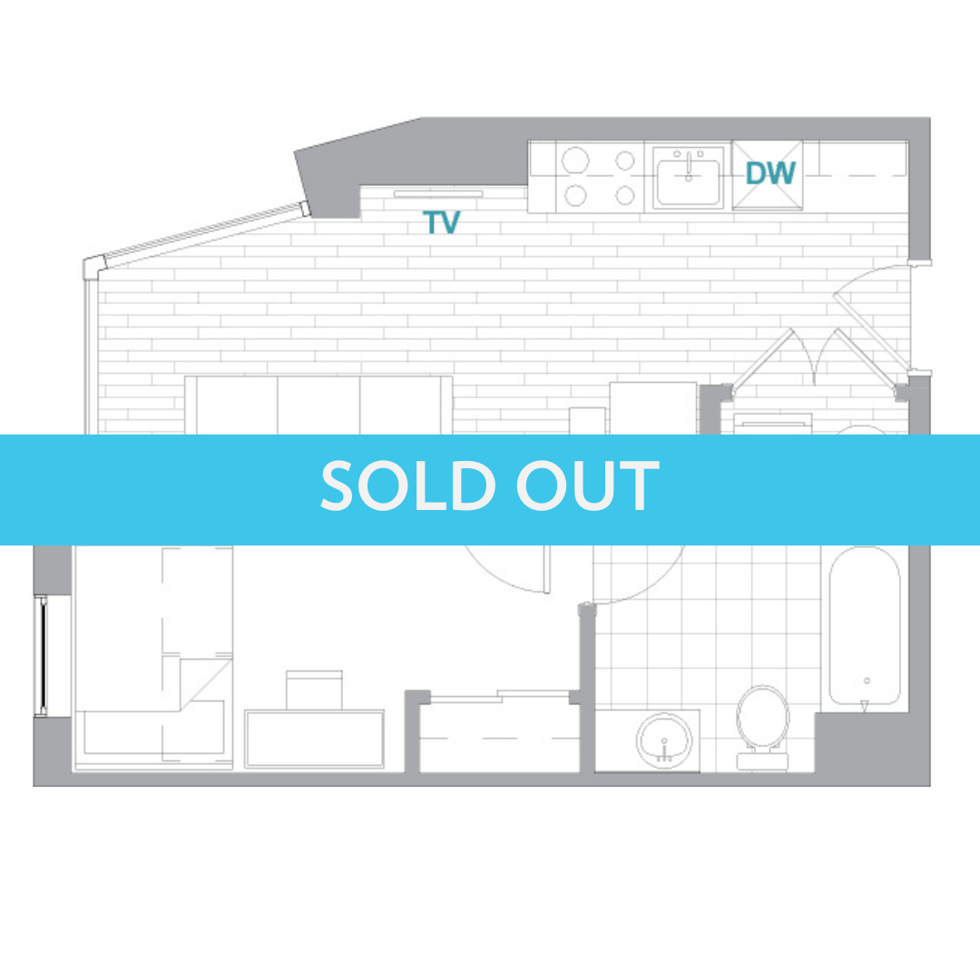 A 3D image of the 1BR/1BA Aerial floorplan, a 444 squarefoot, 1 bed / 1 bath unit