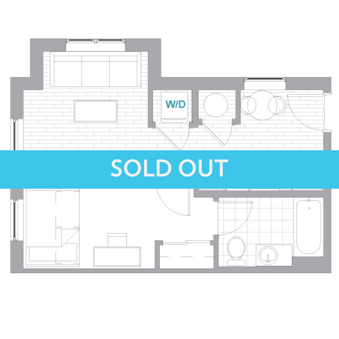 A 3D image of the 1BR/1BA Terrace floorplan, a 444 squarefoot, 1 bed / 1 bath unit
