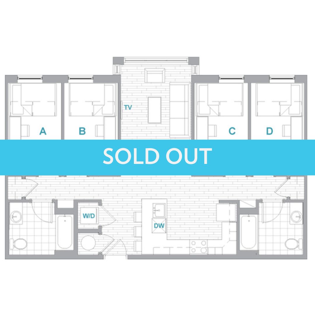 A 3D image of the 4BR/2BA Premium floorplan, a 1077 squarefoot, 4 bed / 2 bath unit