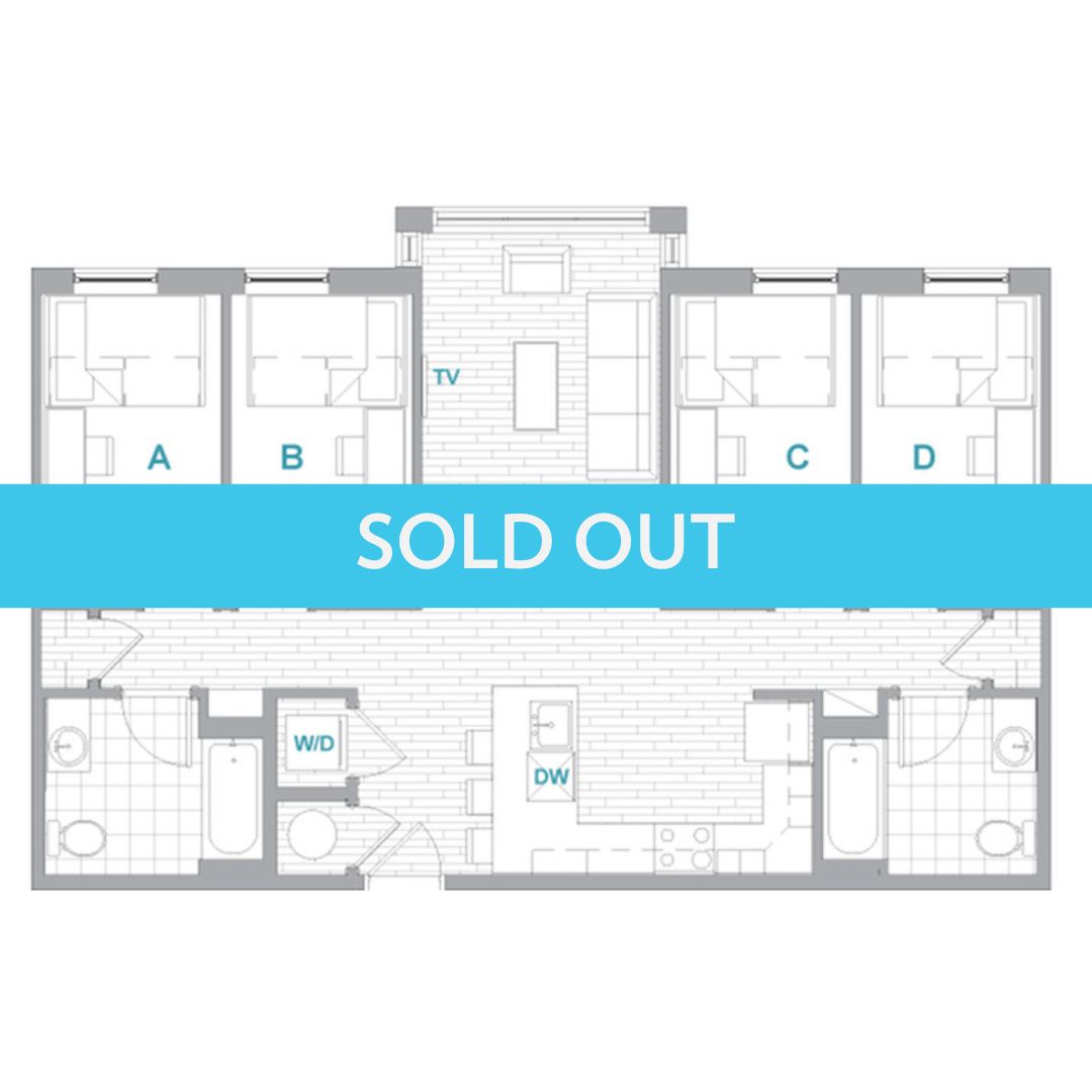 A 3D image of the 4BR/2BA Aerial floorplan, a 1077 squarefoot, 4 bed / 2 bath unit