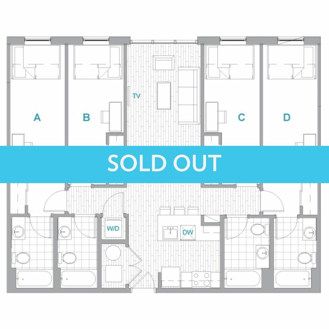 A 3D image of the 4BR/4BA Premium floorplan, a 1370 squarefoot, 4 bed / 4 bath unit