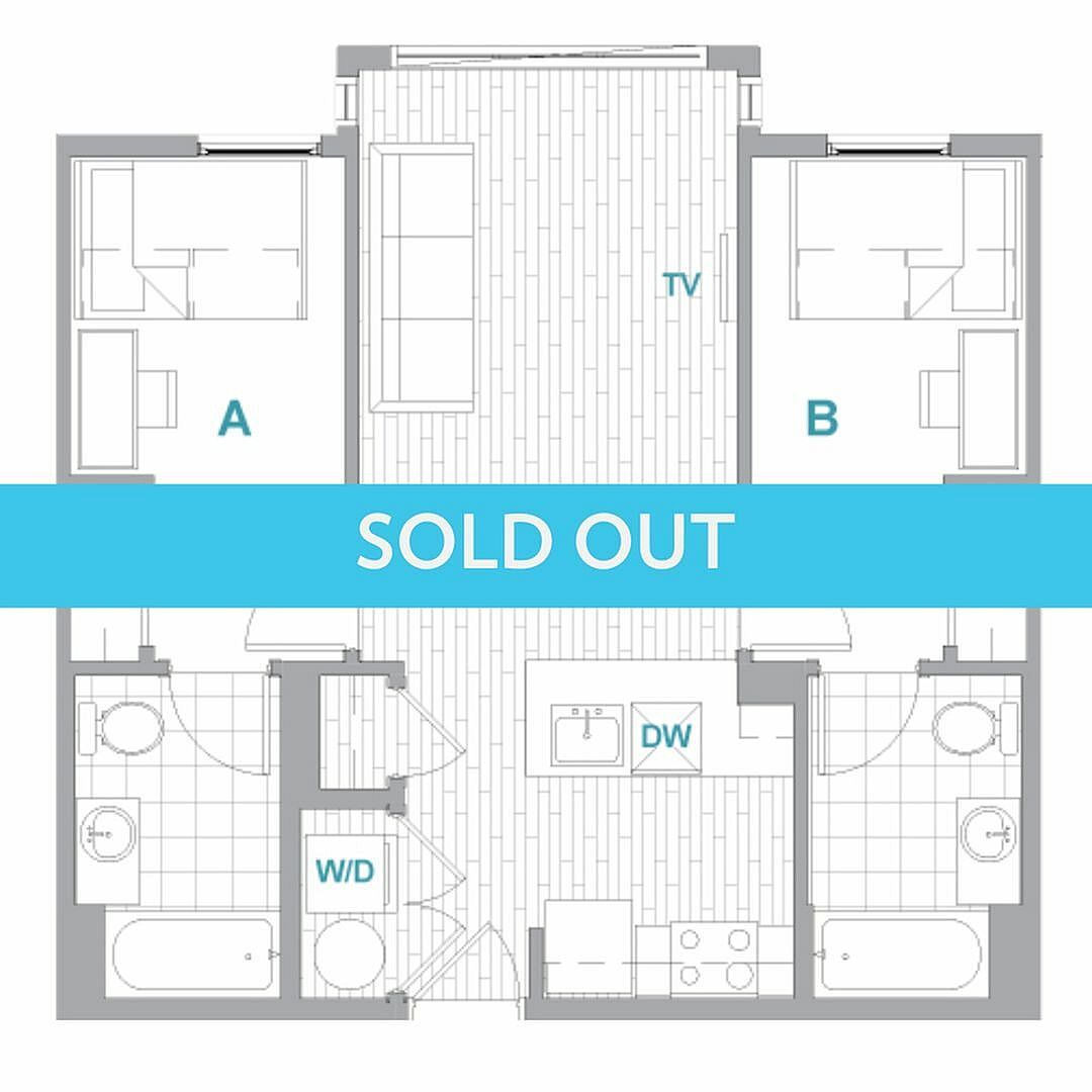 A 3D image of the 2BR/2BA Aerial floorplan, a 730 squarefoot, 2 bed / 2 bath unit