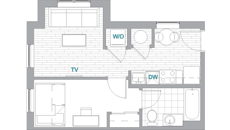 A 3D image of the 1BR/1BA Terrace floorplan, a 444 squarefoot, 1 bed / 1 bath unit