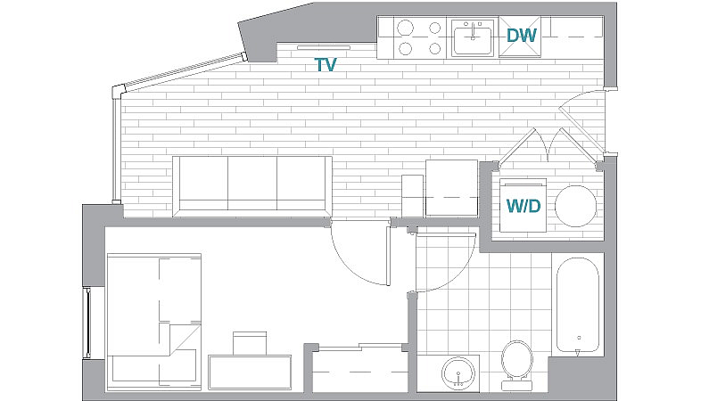 A 3D image of the 1BR/1BA Premium floorplan, a 444 squarefoot, 1 bed / 1 bath unit