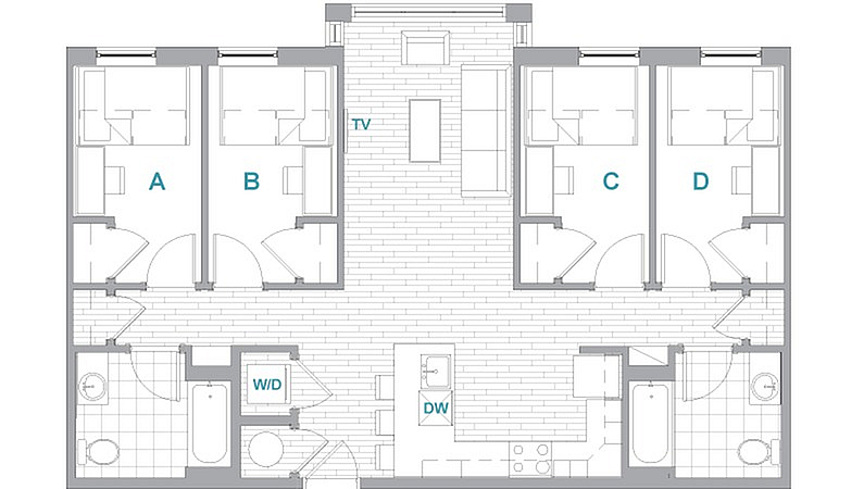 A 3D image of the 4BR/2BA Aerial floorplan, a 1077 squarefoot, 4 bed / 2 bath unit