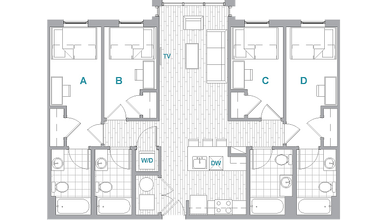 A 3D image of the 4BR/4BA Aerial floorplan, a 1370 squarefoot, 4 bed / 4 bath unit