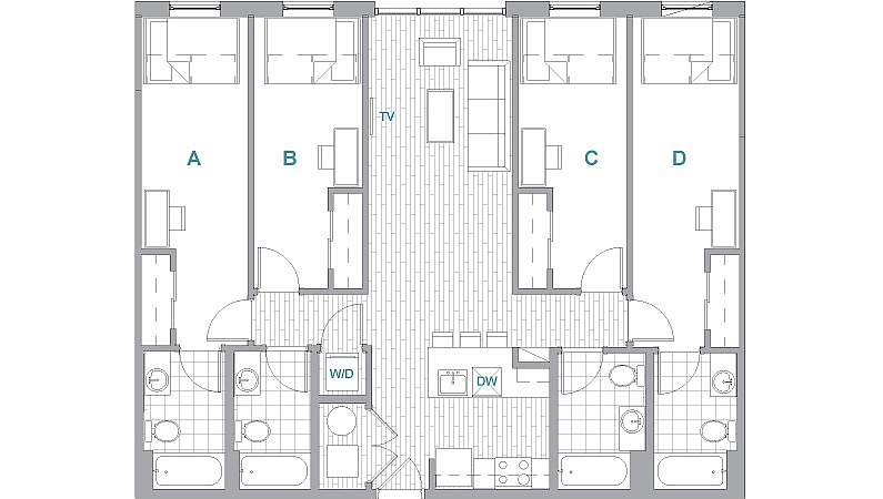A 3D image of the 4BR/4BA Premium floorplan, a 1370 squarefoot, 4 bed / 4 bath unit